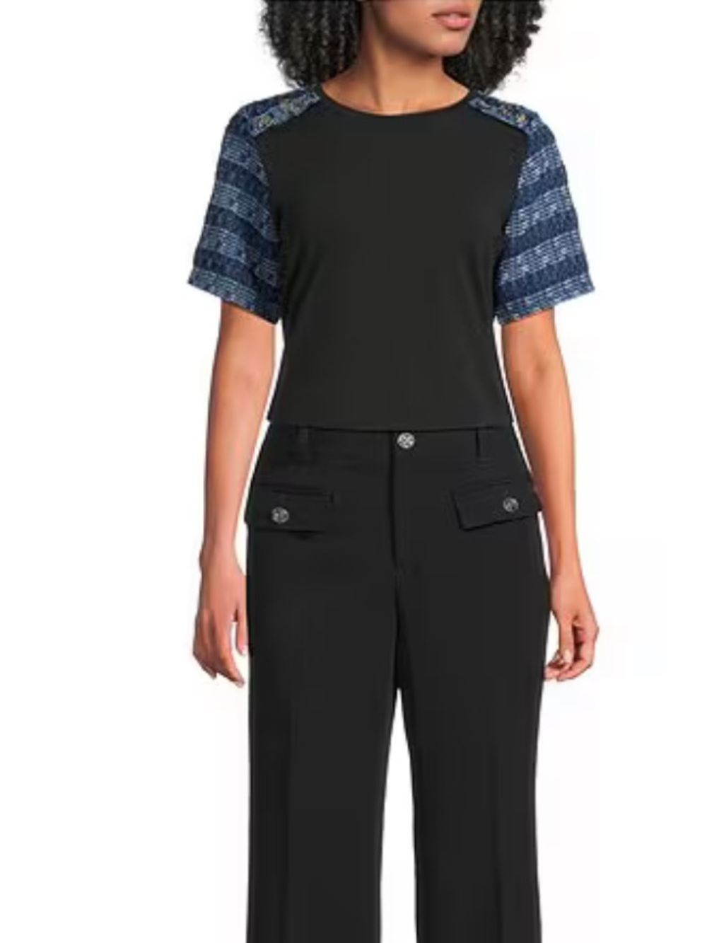 KARL LAGERFELD PARIS
Mixed Media Round Neck Short Sleeve Top
